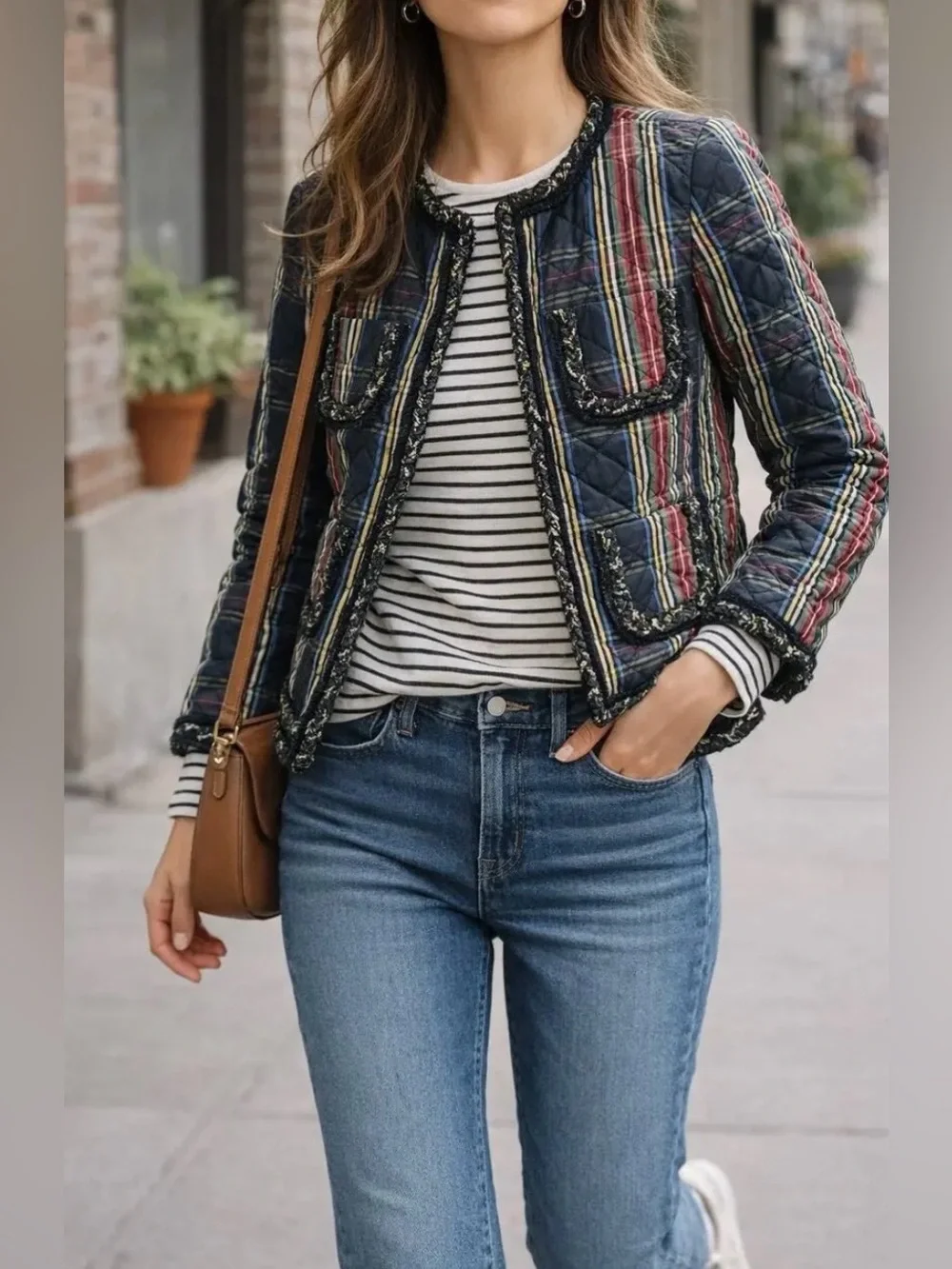 J. Crew Quilted Lady Stewart Tartan Plaid with Braided Trim Collarless Jacket